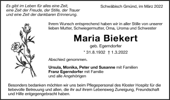 Traueranzeige von Maria Biekert von Gmünder Tagespost