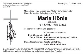 Traueranzeige von Maria Hönle von Schwäbische Post