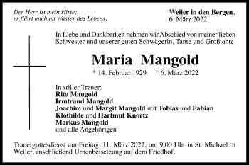 Traueranzeige von Maria Mangold von Gmünder Tagespost