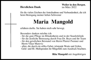 Traueranzeige von Maria Mangold von Gmünder Tagespost