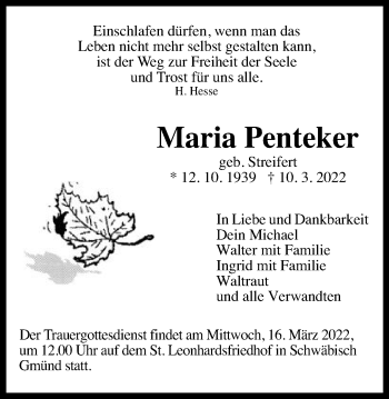 Traueranzeige von Maria Penteker von Gmünder Tagespost