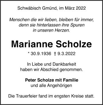Traueranzeige von Marianne Scholze von Gmünder Tagespost