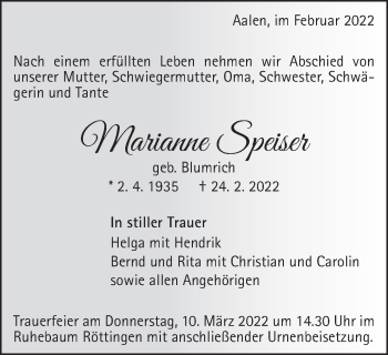 Traueranzeige von Marianne Speiser von Schwäbische Post