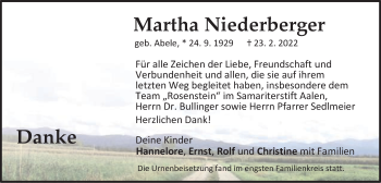Traueranzeige von Martha Niederberger von Schwäbische Post