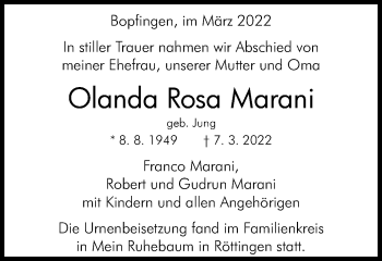Traueranzeige von Olanda Rosa Marani von Bopfinger Stadtanzeiger