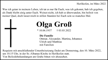 Traueranzeige von Olga Groß von Gmünder Tagespost