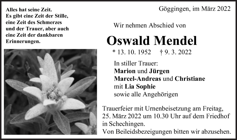  Traueranzeige für Oswald Mendel vom 22.03.2022 aus Gmünder Tagespost