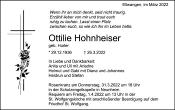 Traueranzeige von Ottilie Hohnheiser von Schwäbische Post