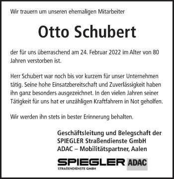 Traueranzeige von Otto Schubert von Schwäbische Post