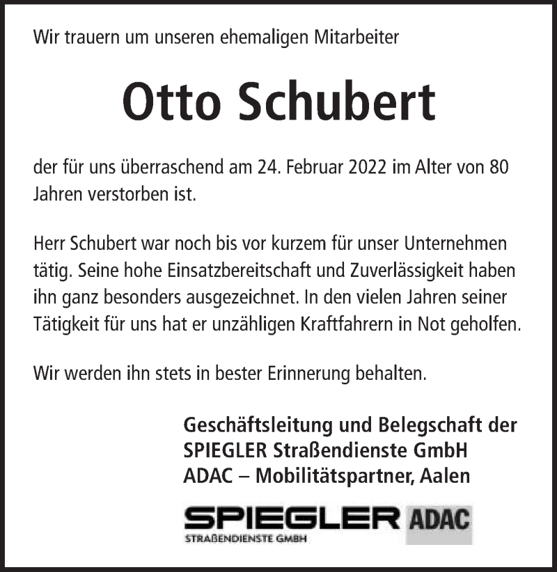  Traueranzeige für Otto Schubert vom 03.03.2022 aus Schwäbische Post