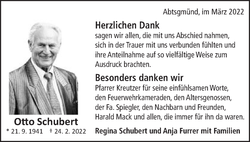  Traueranzeige für Otto Schubert vom 11.03.2022 aus Kocher-Lein-Bote