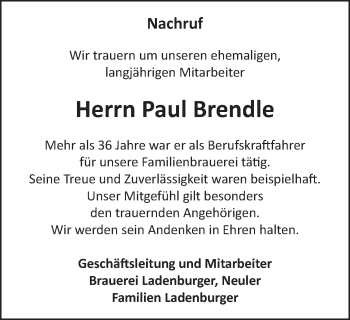 Traueranzeige von Paul Brendle