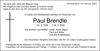 Traueranzeige von Paul Brendle von Schwäbische Post