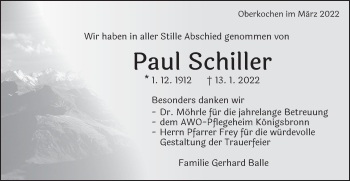 Traueranzeige von Paul Schiller von Schwäbische Post