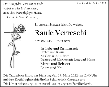 Traueranzeige von Raule Verreschi von Gmünder Tagespost