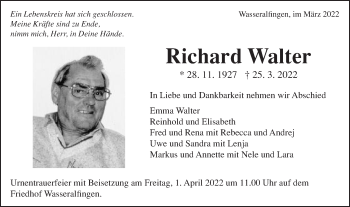 Traueranzeige von Richard Walter von Schwäbische Post