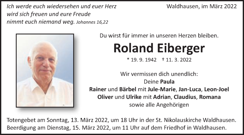  Traueranzeige für Roland Eiberger vom 12.03.2022 aus Schwäbische Post