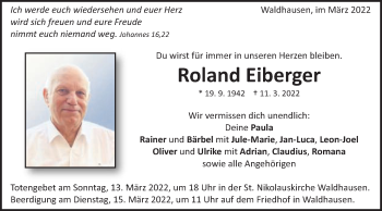 Traueranzeige von Roland Eiberger von Schwäbische Post