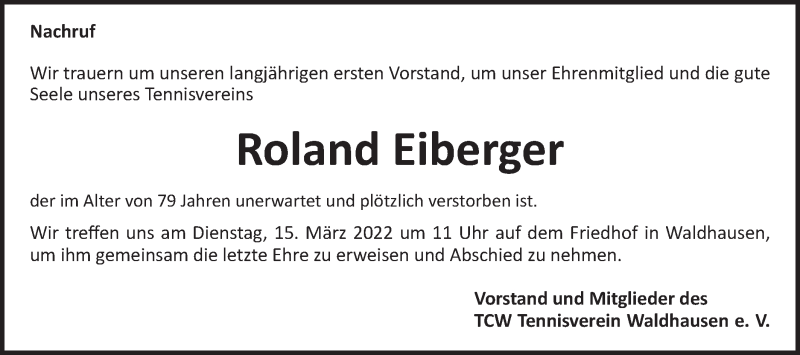  Traueranzeige für Roland Eiberger vom 14.03.2022 aus Schwäbische Post