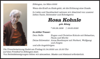 Traueranzeige von Rosa Kohnle von Schwäbische Post