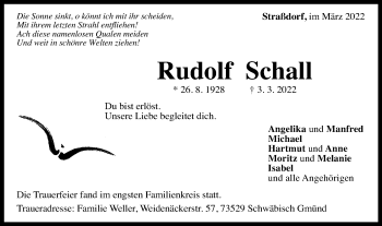 Traueranzeige von Rudolf Schall von Gmünder Tagespost