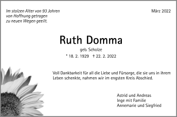 Traueranzeige von Ruth Domma