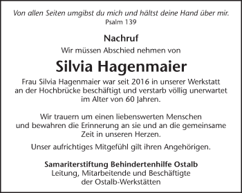 Traueranzeige von Silvia Hagenmaier von Schwäbische Post