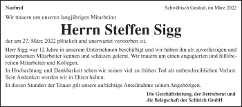 Traueranzeige von Steffen Sigg von Gmünder Tagespost