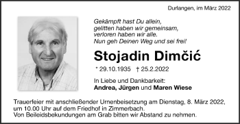 Traueranzeige von Stojadin Dimcic von Gmünder Tagespost