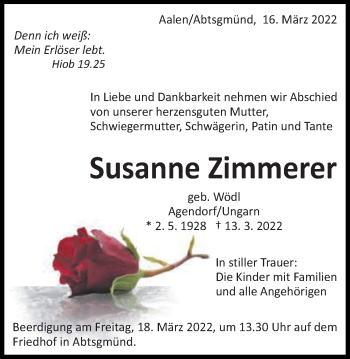 Traueranzeige von Susanne Zimmerer von Schwäbische Post
