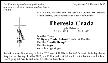 Traueranzeige von Theresia Czada von Schwäbische Post