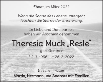 Traueranzeige von Theresia Muck  von Schwäbische Post