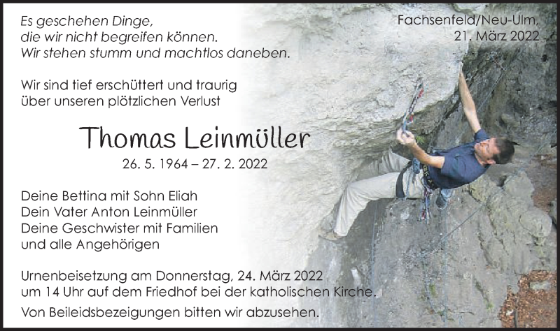  Traueranzeige für Thomas Leinmüller vom 21.03.2022 aus Schwäbische Post
