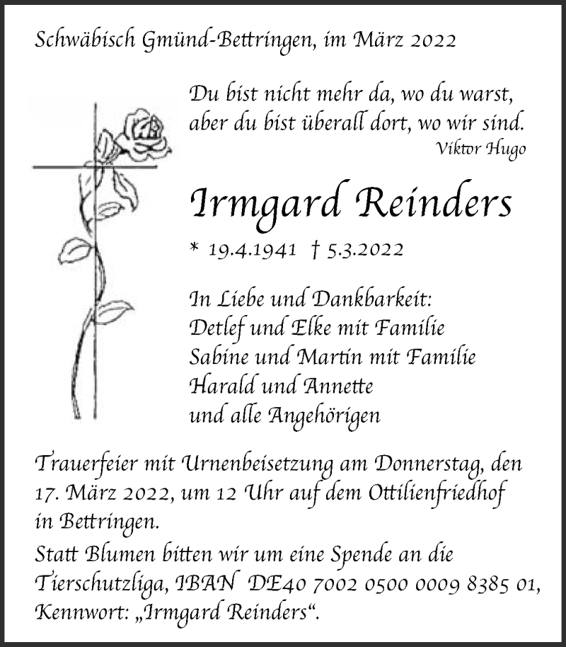  Traueranzeige für Irmgard Reinders vom 15.03.2022 aus Gmünder Tagespost