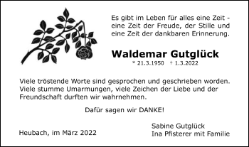 Traueranzeige von Waldemar Gutglück von Gmünder Tagespost