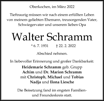 Traueranzeige von Walter Schramm von Amtsblatt_Oko