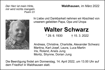 Traueranzeige von Walter Schwarz von Gmünder Tagespost