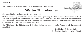 Traueranzeige von Walter Thurnberger von Schwäbische Post