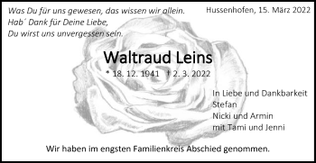 Traueranzeige von Waltraud Leins von Gmünder Tagespost