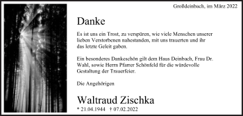 Traueranzeige von Waltraud Zischka von Gmünder Tagespost