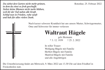 Traueranzeige von Waltraut Hägele von Gmünder Tagespost