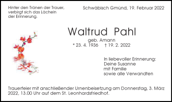 Traueranzeige von Waltrud Pahl von Gmünder Tagespost