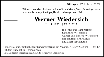 Traueranzeige von Werner Wiedersich von Gmünder Tagespost