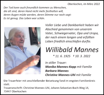 Traueranzeige von Willibald Mannes von Amtsblatt_Oko