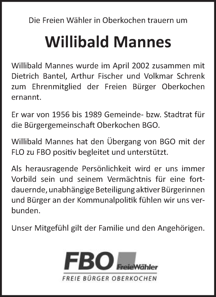  Traueranzeige für Willibald Mannes vom 25.03.2022 aus Amtsblatt_Oko
