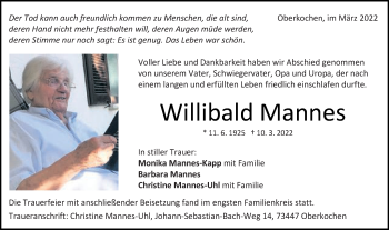 Traueranzeige von Willibald Mannes von Schwäbische Post