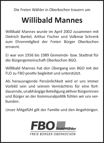 Traueranzeige von Willibald Mannes von Amtsblatt_Oko
