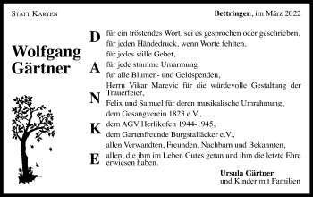 Traueranzeige von Wolfgang Gärtner von Gmünder Tagespost