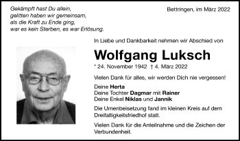 Traueranzeige von Wolfgang Luksch von Gmünder Tagespost