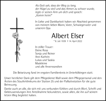 Traueranzeige von Albert Elser von Gmünder Tagespost